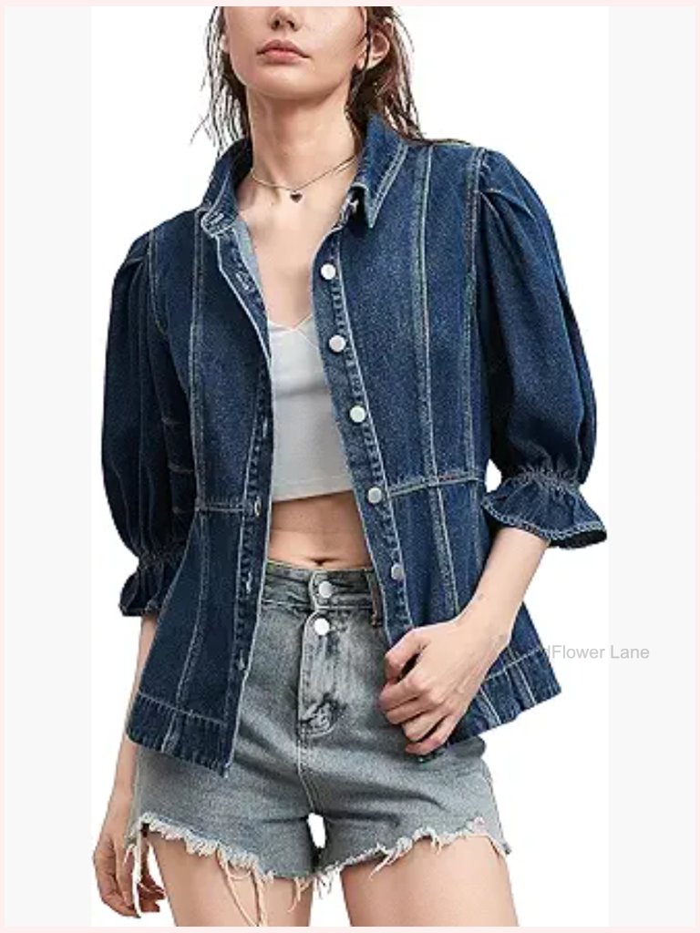 Short Sleeve Denim Shirt V-Neck Puff Sleeve Button Down Top Blouse Jacket